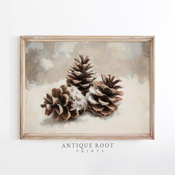Winter Pinecone Textured Print Rustic Farmhouse Wall Art Neutral Decor Brushstroke Painting Cozy