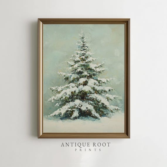 Winter Wall Art Snowcovered Evergreen Tree Cozy Vintage Impressionist Rustic Holiday Decor 247