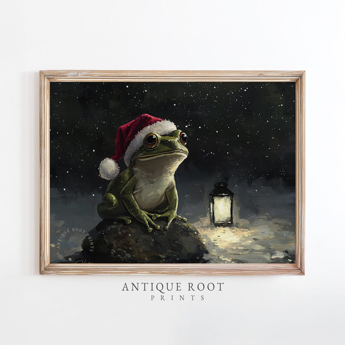 Christmas Frog In Santa Hat Night Snow Lantern Cozy Nursery Poster