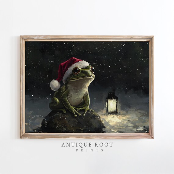 Christmas Frog In Santa Hat Night Snow Lantern Cozy Nursery Poster
