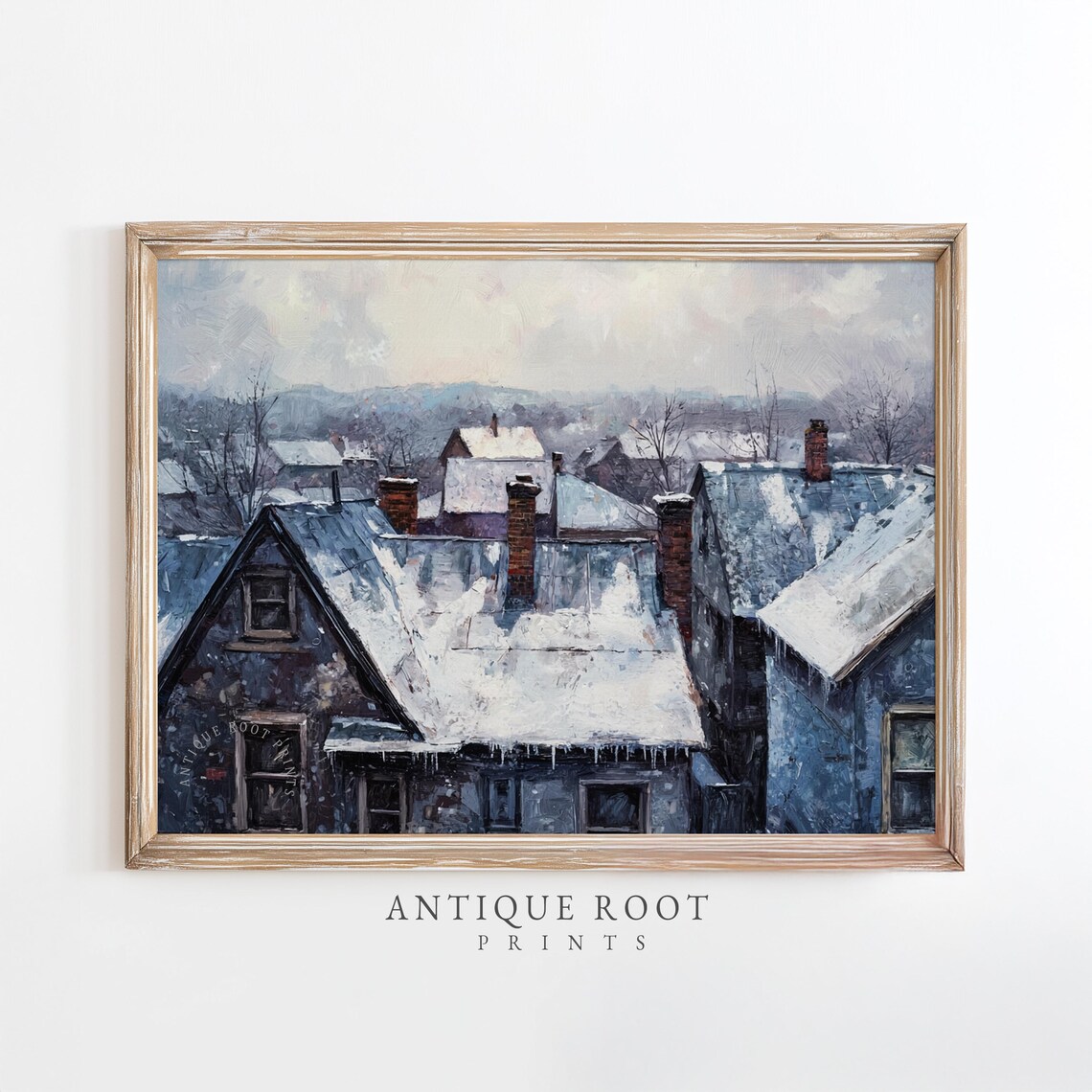 Winter Rooftops Oil Painting Snowy Chimneys Village Scene Poster