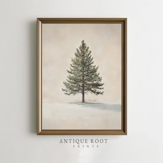Winter Pine Tree Watercolor Print Neutral Minimalist Farmhouse Wall Art Rustic Wonderland Decor Instant