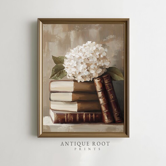 White Hydrangea Bloom on Antique Books Vintage Still Life Poster