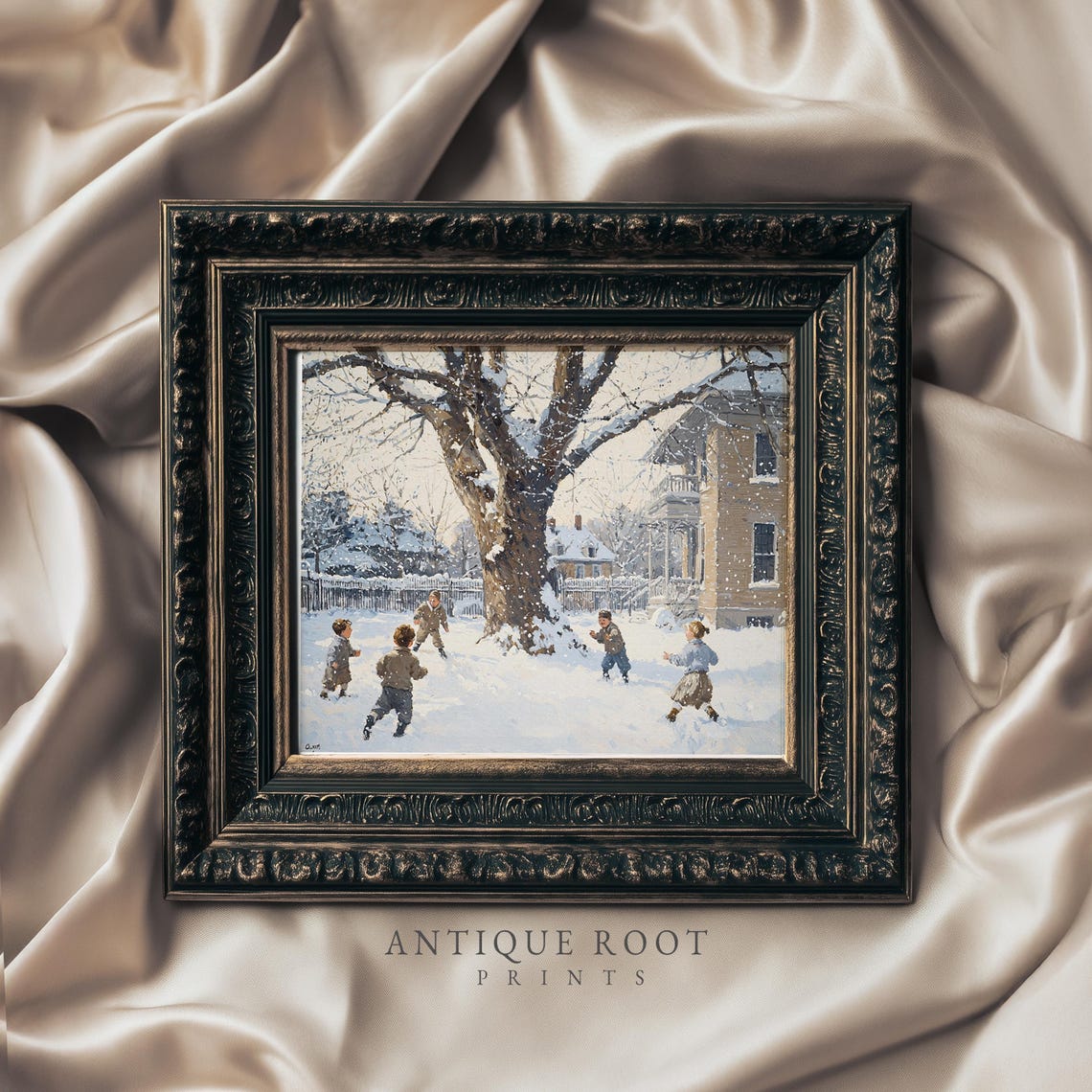 Children Playing In Snow Vintage Winter Scene Nostalgic Wall Art