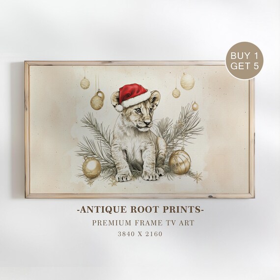 Lion Cub Wearing Santa Hat Pine Branches Gold Christmas Wall Art