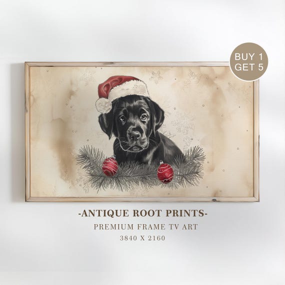 Cute Black Puppy Samsung Frame Tv Art Vintage Holiday Portrait Illustration Cozy Festive Decor Antique For 3