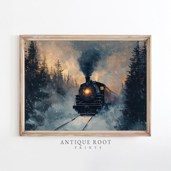Winter Steam Train Painting Moody Vintage Locomotive Print Rustic Dramatic Wall Art Snowy Landscape Instant