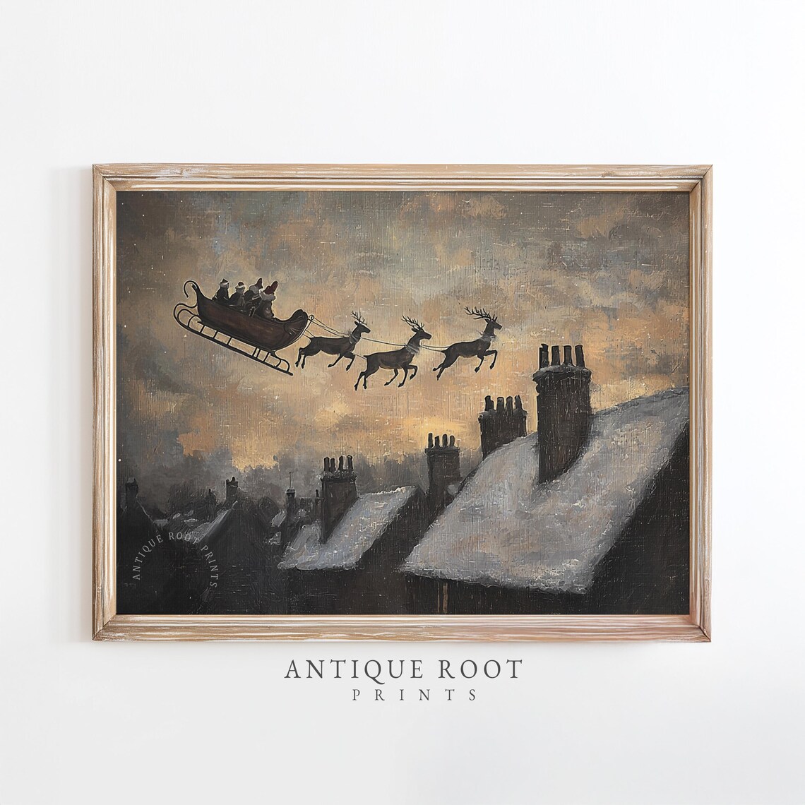 Santa Sleigh Flying Over Snowy Rooftops Vintage Christmas Painting Print