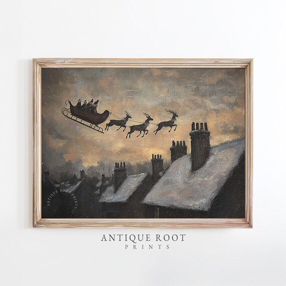 Santa Sleigh Flying Over Snowy Rooftops Vintage Christmas Painting Print
