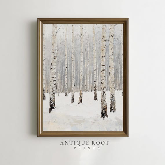 Winter Birch Trees Wall Art Serene Scandinavian Forest Painting Neutral Mood Decor Minimalist Snow Scene 258
