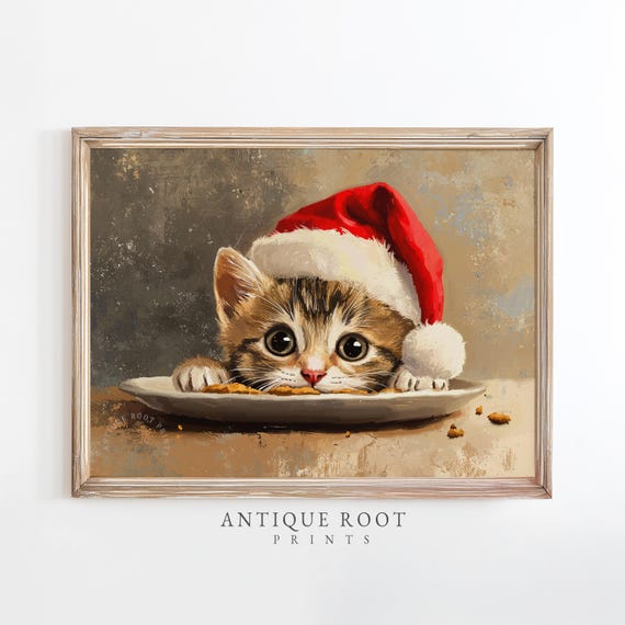 Christmas Kitten With Santa Hat Art Festive Vintage Holiday Decor Cute Farmhouse Nursery Wall Print Instant