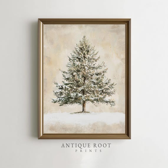 Winter Evergreen Tree Print Rustic Farmhouse Wall Art Neutral Decor Cozy Snowy Scene
