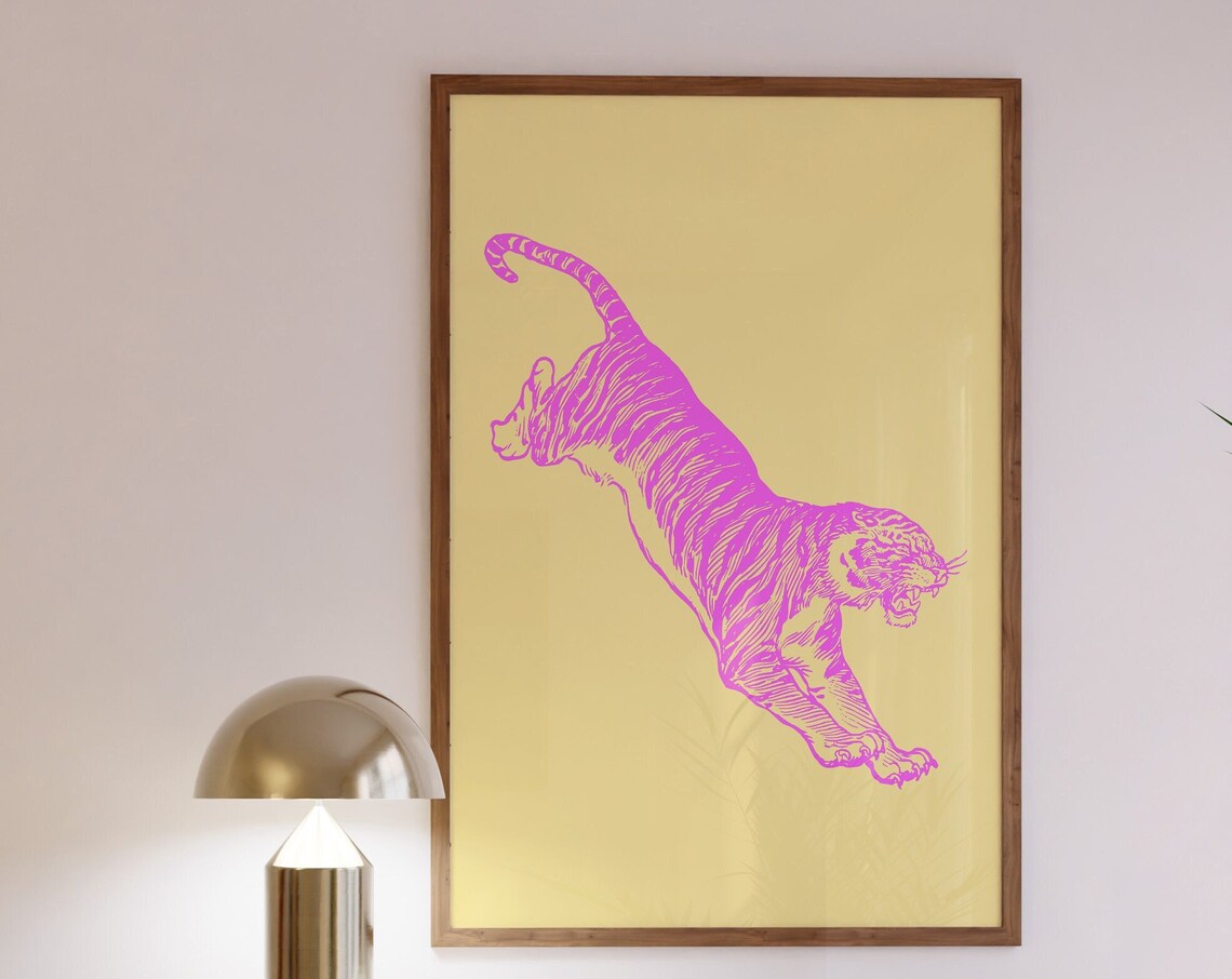 Pink Tiger Leaping Yellow Background Maximalist Retro Animal Line Art Poster - Image 3