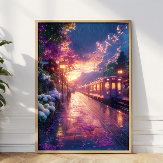 Anime Train Station Sunset Rain Cherry Blossom Japanese Art Print