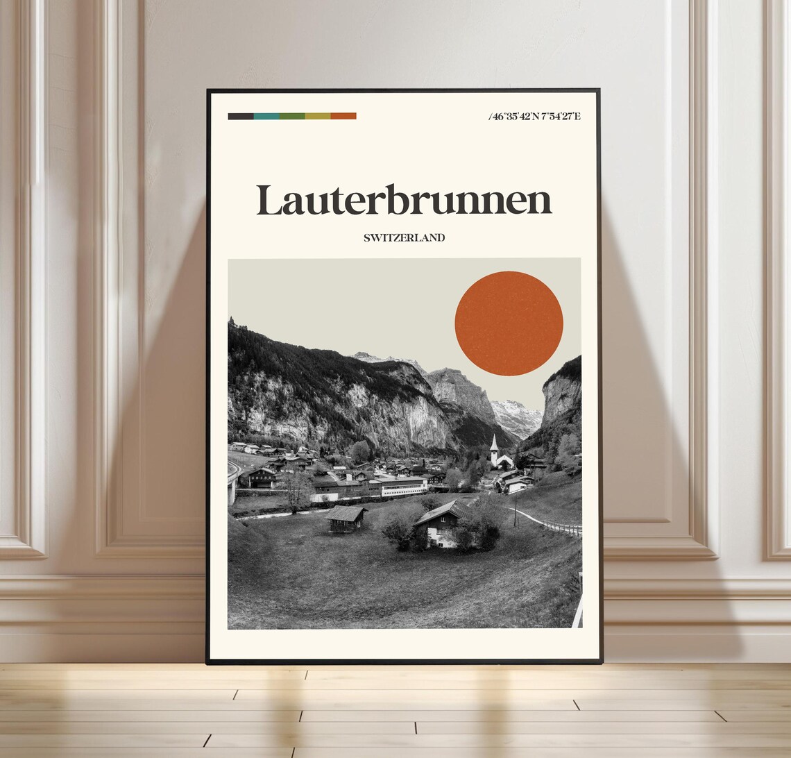 Lauterbrunnen Switzerland Mid Century Alpine Village Travel Poster