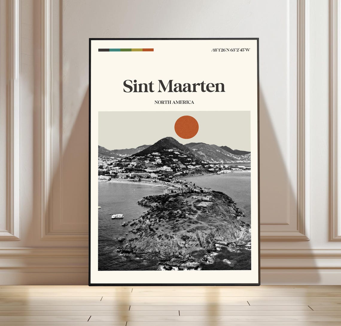 Sint Maarten Coastal Hills With Red Sun Minimalist Travel Poster