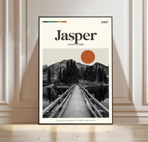 Jasper National Park Alberta Bridge Lake Retro Travel Poster