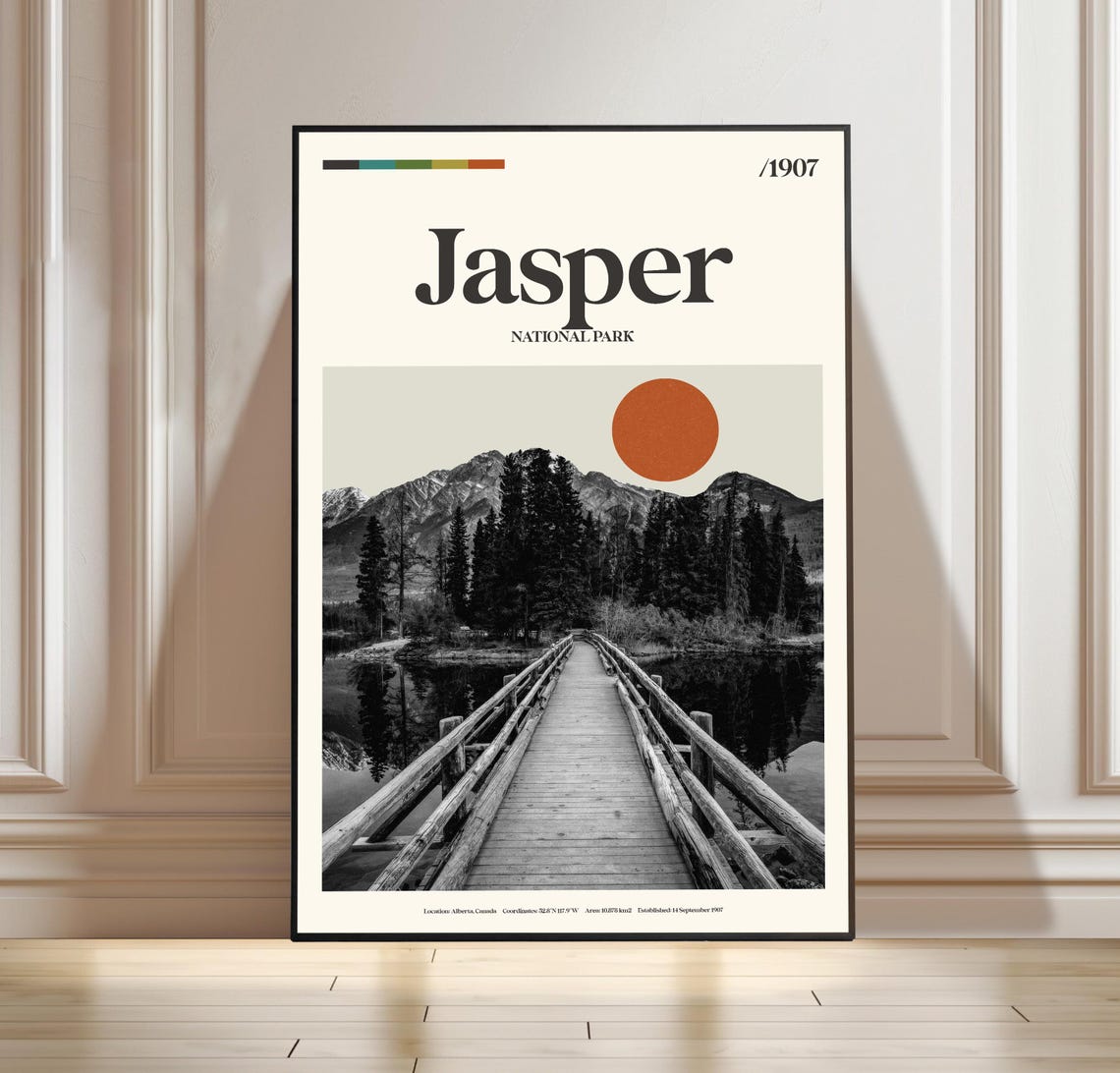 Jasper National Park Alberta Bridge Lake Retro Travel Poster