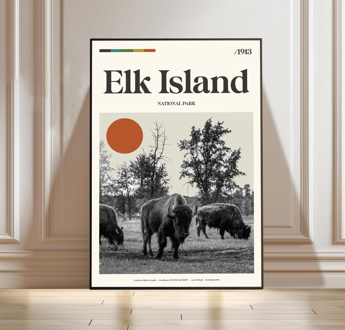 Elk Island Canada Alberta Bison Sunset Retro National Park Poster