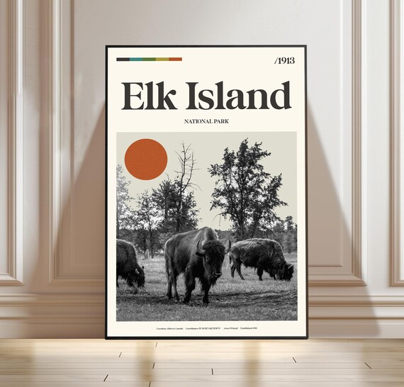 Elk Island Canada Alberta Bison Sunset Retro National Park Poster