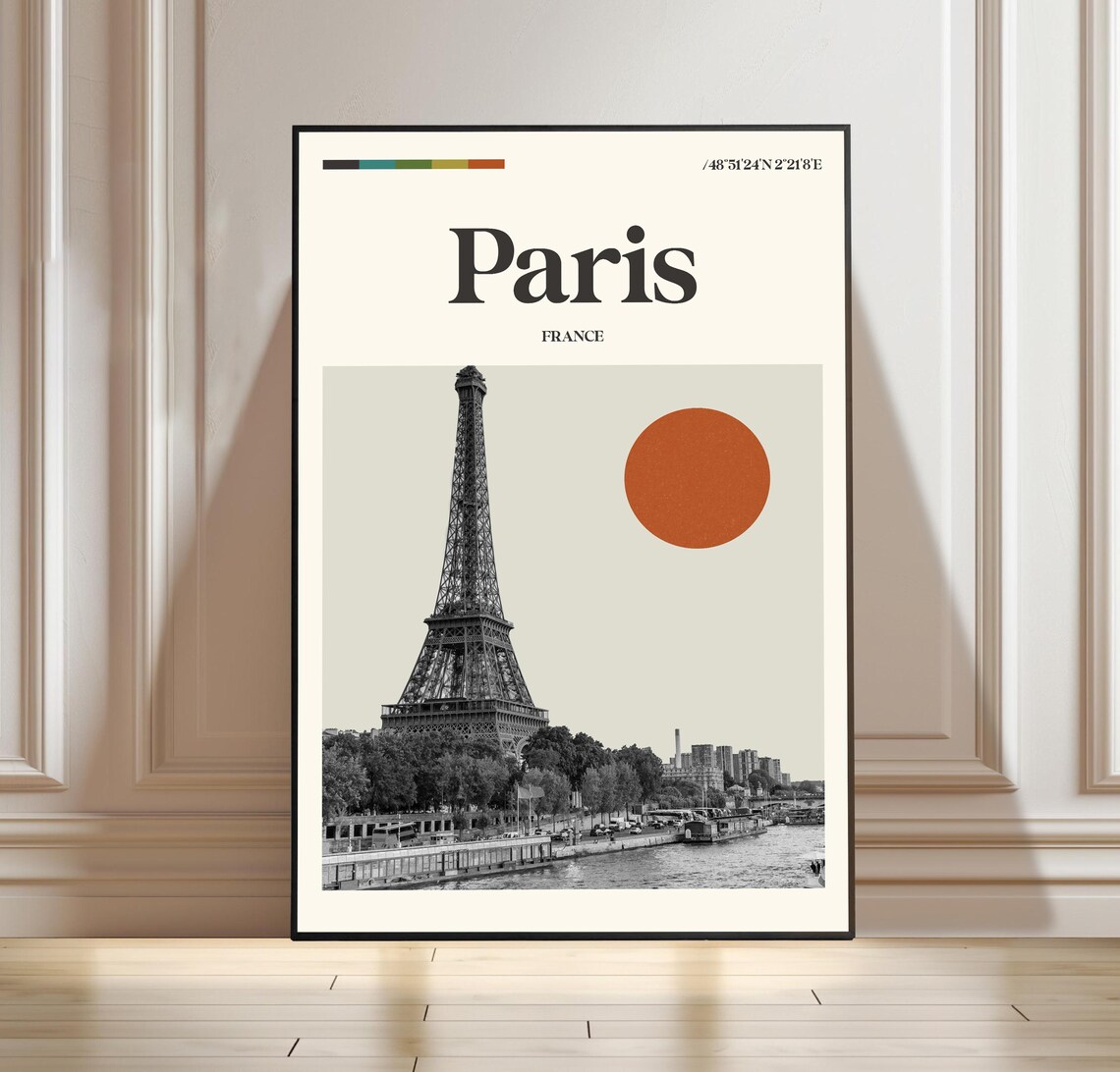 France Vintage Paris Eiffel Tower Seine River Sunset Travel Poster