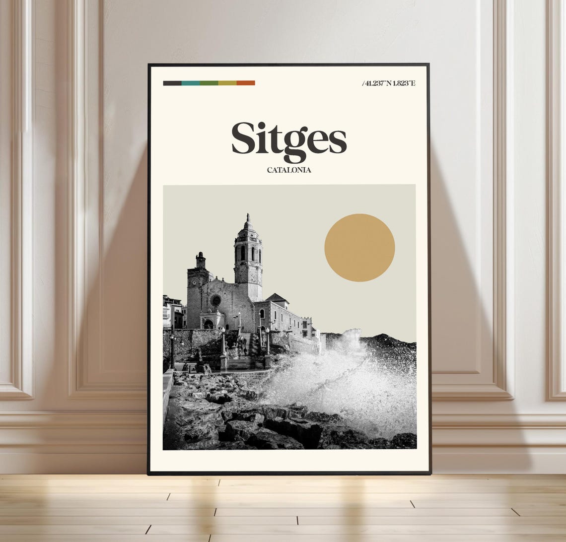 Sitges Catalonia Coastal Travel Poster With Monochrome Sea View