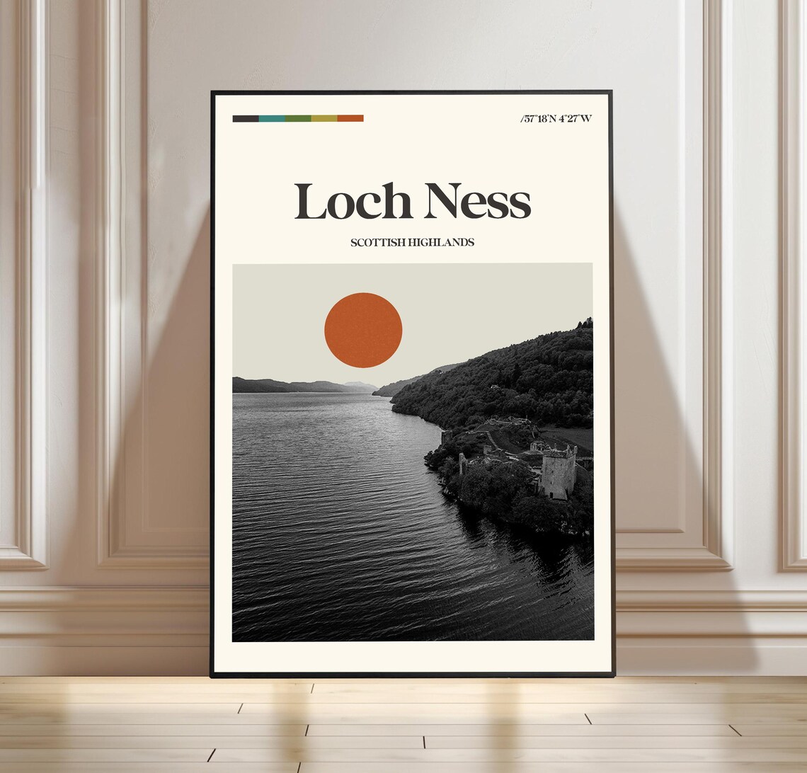 Loch Ness Scottish Highlands Minimalist Travel Poster Terracotta Sun
