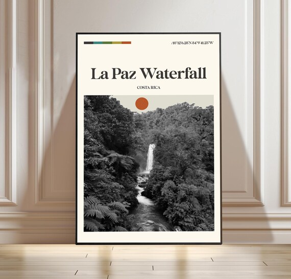 La Paz Waterfall Costa Rica Retro Travel Poster Jungle Falls Art