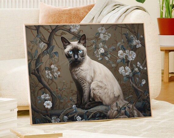 Siamese Cat With Blue Eyes Among White Blossom Branches Poster