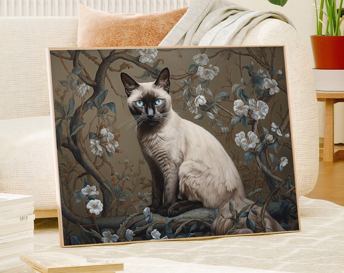 Siamese Cat With Blue Eyes Among White Blossom Branches Poster