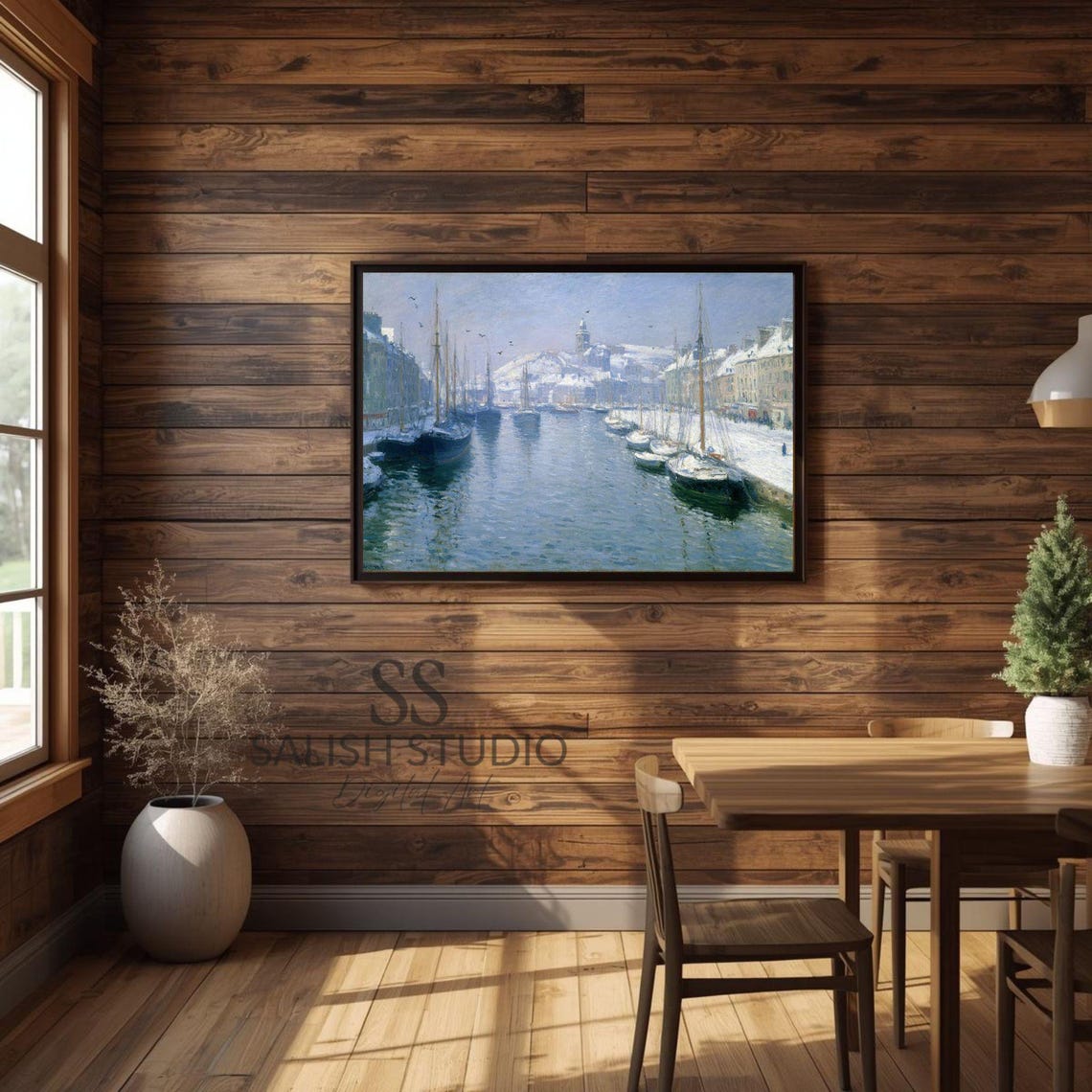 Winter Harbor Snowy Port Impressionist Boats Icy Water Painting Poster