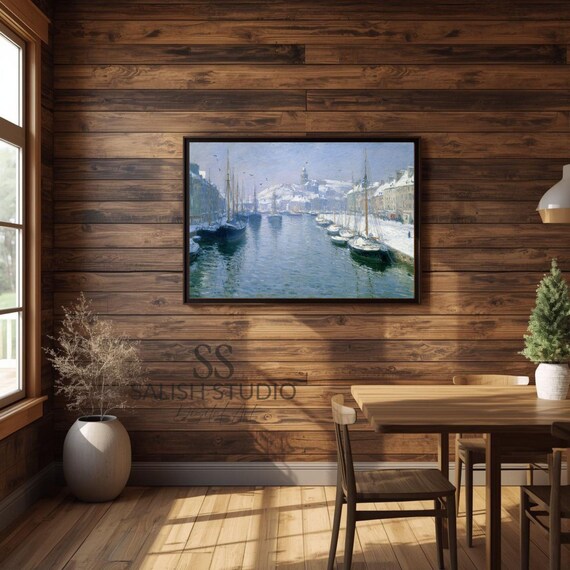 Winter Harbor Snowy Port Impressionist Boats Icy Water Painting Poster