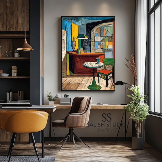 Retro Coffee Bar Interior Poster in Cubist Style with Cafe Table and Chair