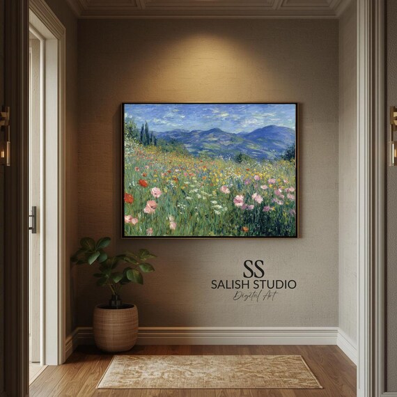 Spring Meadow Landscape Print Sunlit Wildflowers Mountain View