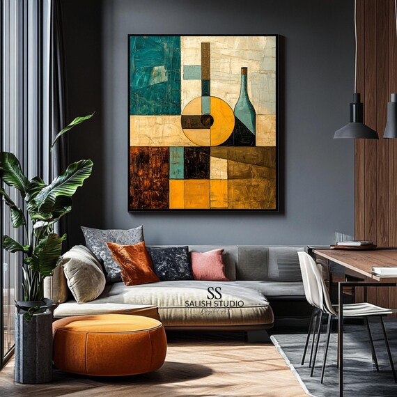 Retro Guitar Bottle Cubist Abstract Geometric Midcentury Modern Art Poster