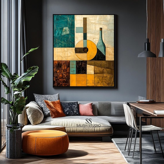 Retro Guitar Bottle In Midcentury Modern Style Geometric Abstract Wall Art Vintage Minimalist Decor 475