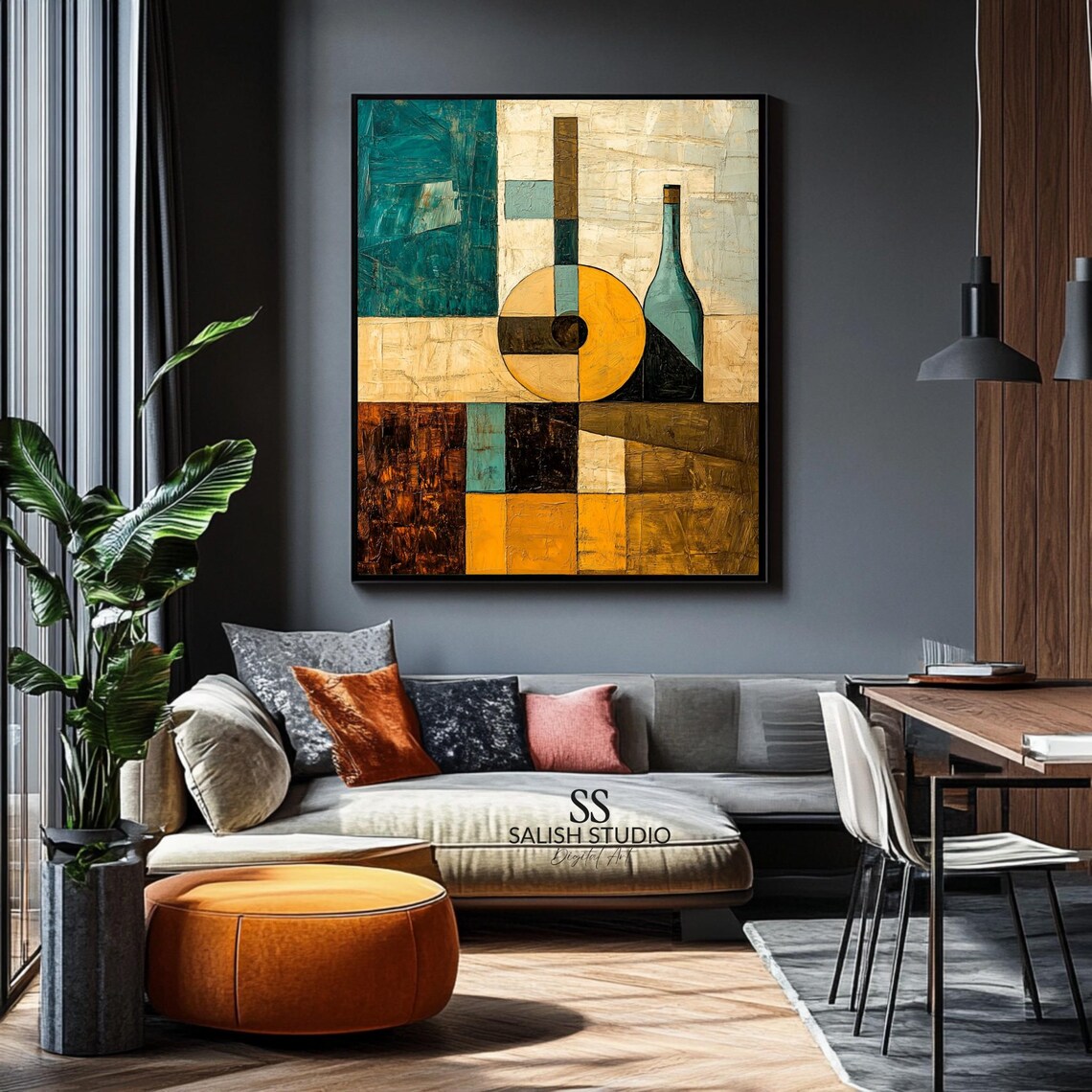 Retro Guitar Bottle Cubist Abstract Geometric Midcentury Modern Art Poster