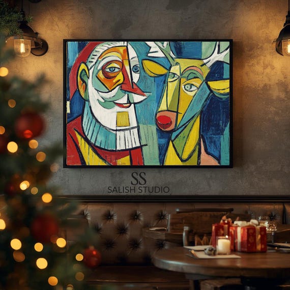 Abstract Santa Claus And Reindeer Mid Century Modern Christmas Poster