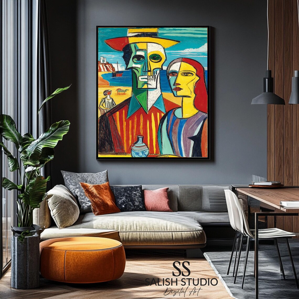 Cubist Beach Couple Colorful Abstract Duo Seaside Modern Painting Poster