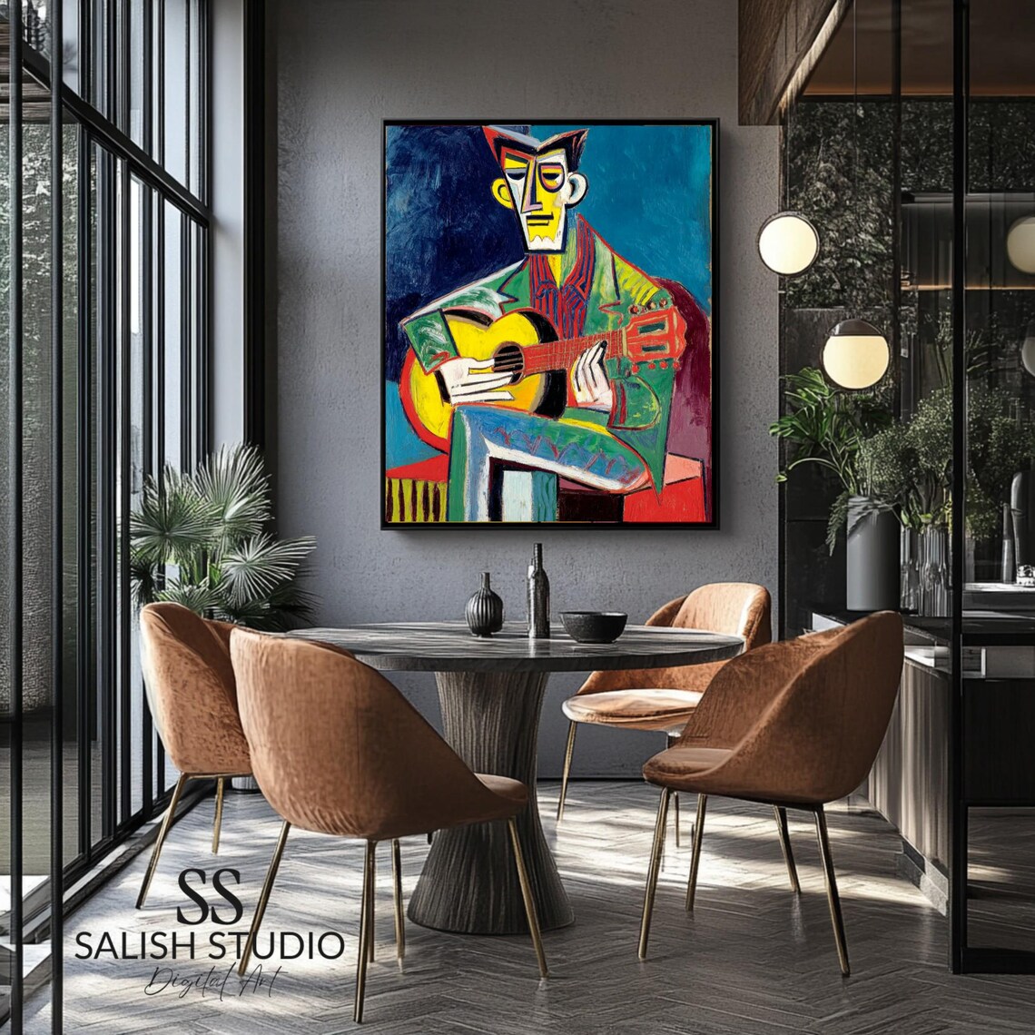 Cubist Guitarist Portrait Poster with Musician Playing Yellow Guitar