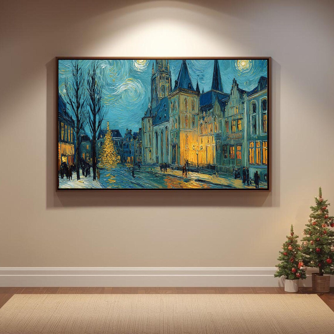 Van Gogh Style Starry Night Snowy Christmas City Street Poster