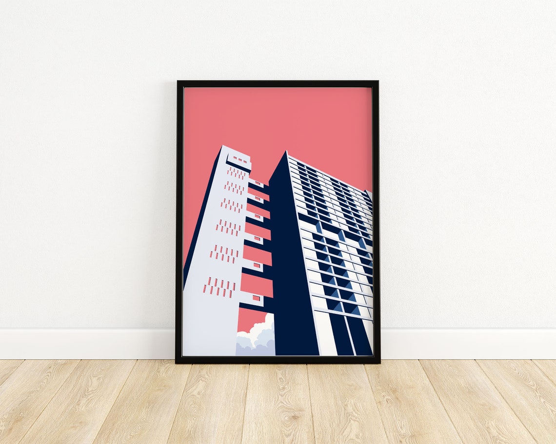 Trellick Tower London Brutalist High Rise Pink Sky Art Poster - Image 3