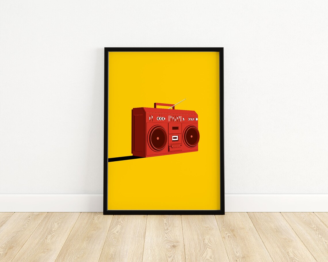 Red Boombox On Yellow Retro 80s Hip Hop Music Artwork Poster - Image 3