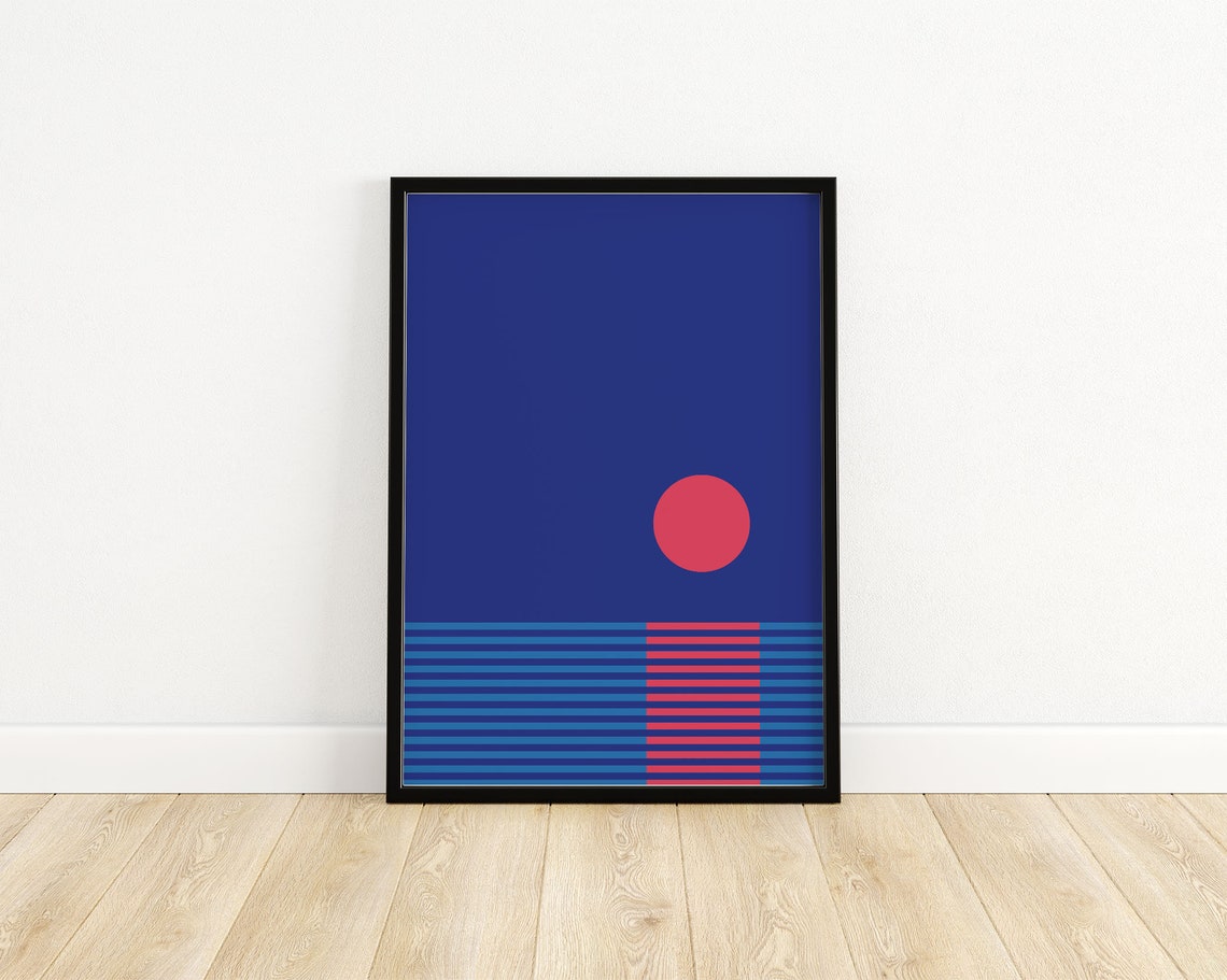 Minimal Geometric Sunset Red Sun Striped Sea Abstract Poster - Image 3