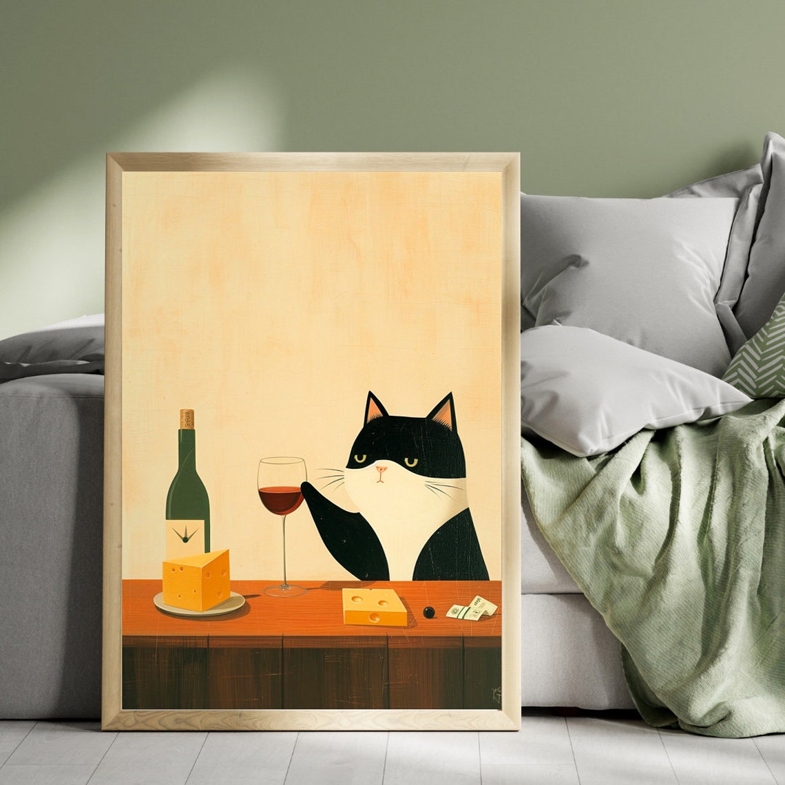Black And White Cat With Red Wine And Cheese Whimsical Poster - Image 4