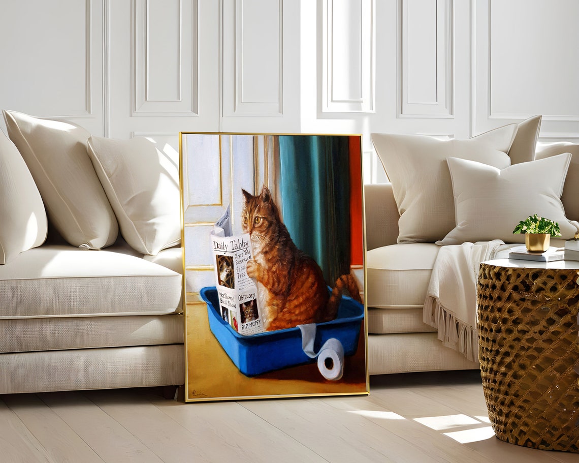 Daily Tabby Cat Reading Newspaper in Litter Box Funny Cat Art Poster
