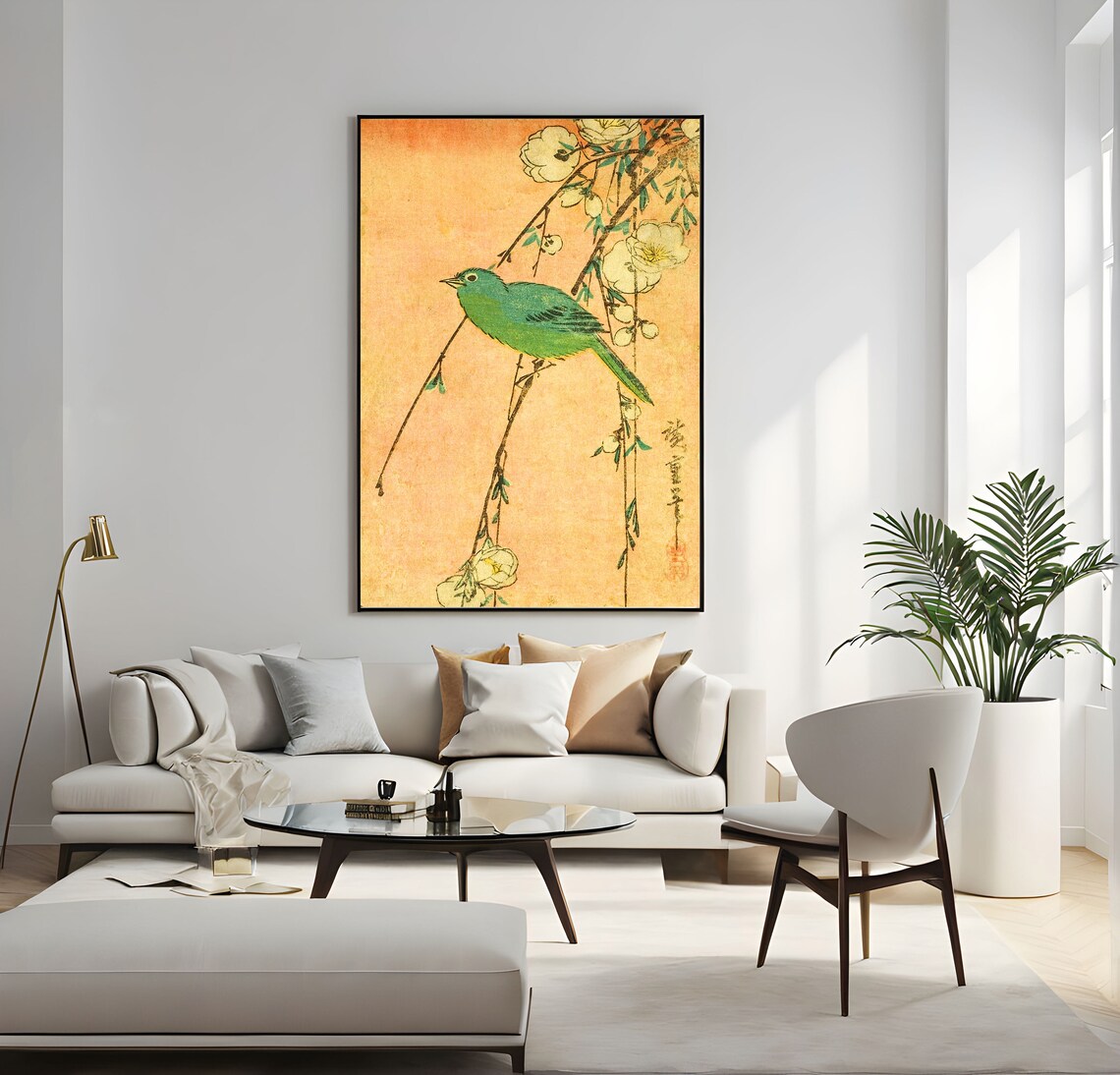 Vintage Japanese Green Bird Blossom Branch Botanical Art Poster - Image 4
