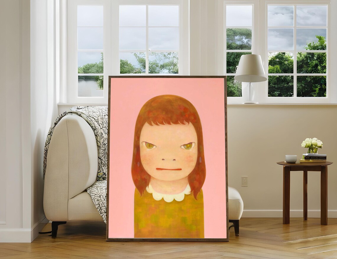 Yoshitomo Nara Pink Background Girl Mustard Sweater Portrait Wall Art - Image 4