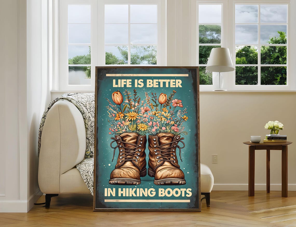 Life Is Better In Hiking Boots Wildflower Boots Vintage Poster - Image 4