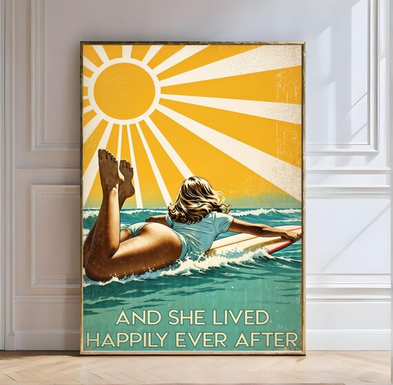 Surfing Girl Happily Ever After Vintage Poster Surfing Girl Vintage Surf Beach Poster Retro Sun Ocean Waves Surfboard Art